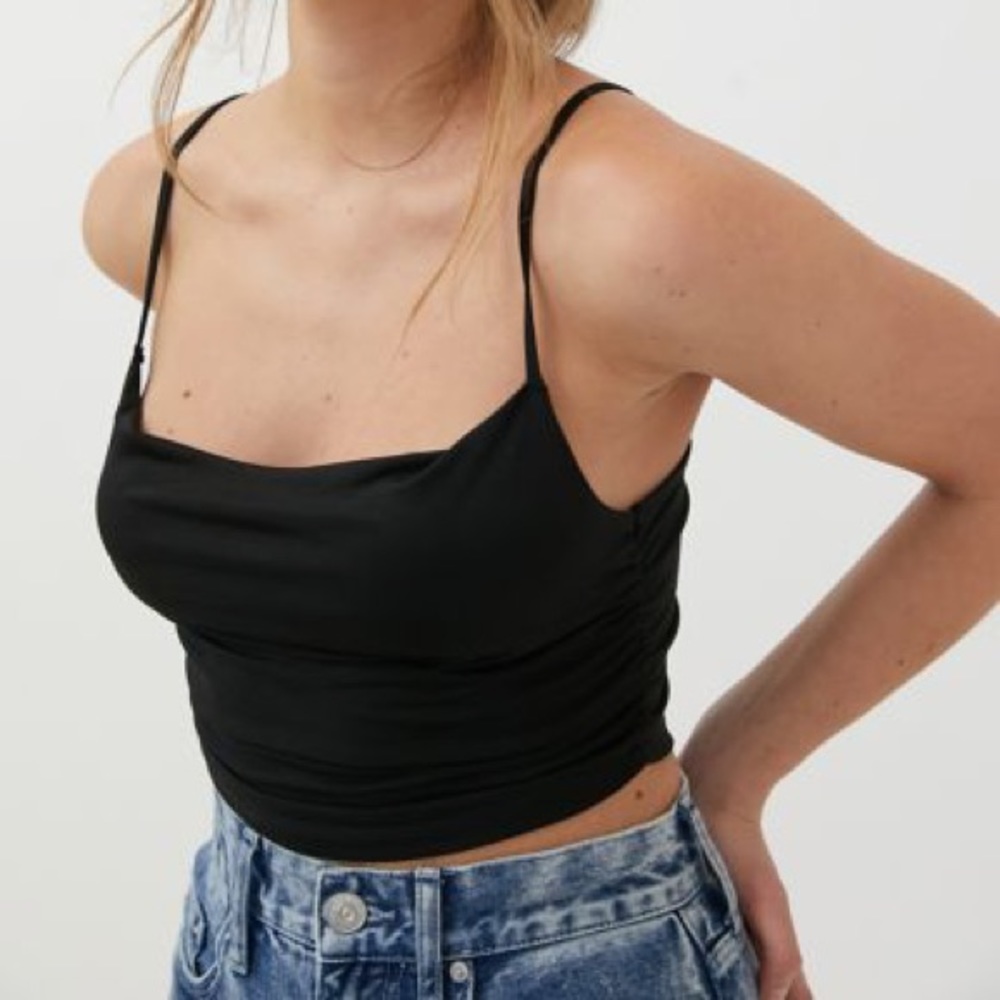 Urban Outfitters | Ariya Ruched Cami Cowl Neck Black Tank Top Large